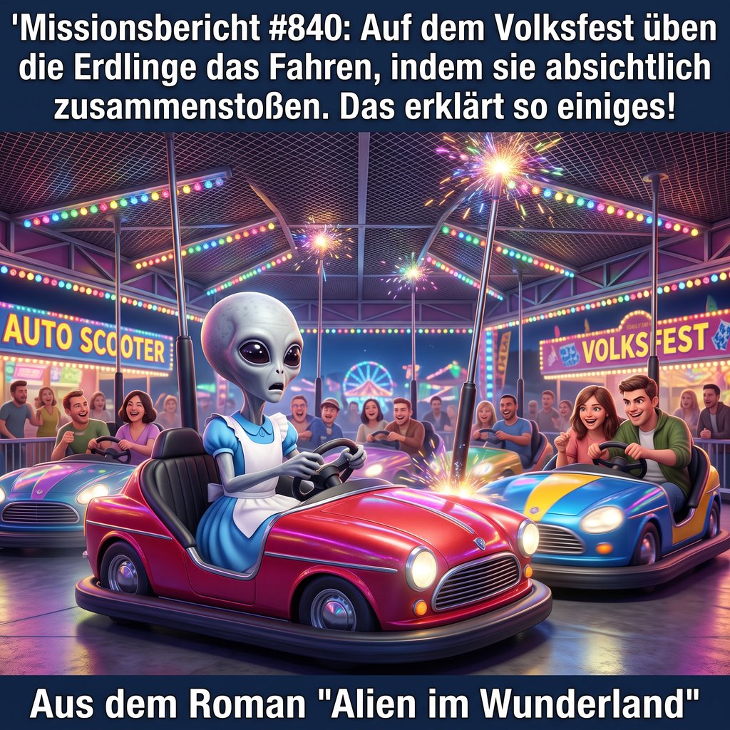 Kirk-Meme: Ein Alien im blauen Kleid sitzt in einem roten Autoscooter auf dem Volksfest, ringsum lachende Menschen in bunten Wagen &ndash; aus dem Roman Alien im Wunderland