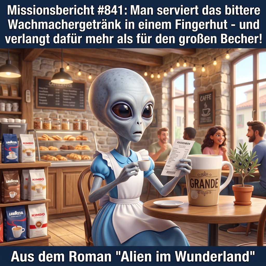 Kirk-Meme: Das bittere Wachmachergetränk wird in einem Fingerhut serviert und kostet mehr als der große Becher. Aus dem Roman Alien im Wunderland