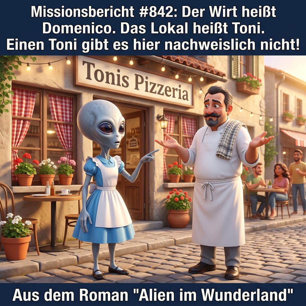 Kirk-Meme: Der Wirt heißt Domenico, das Lokal heißt Toni — einen Toni gibt es nachweislich nicht. Aus dem Roman Alien im Wunderland