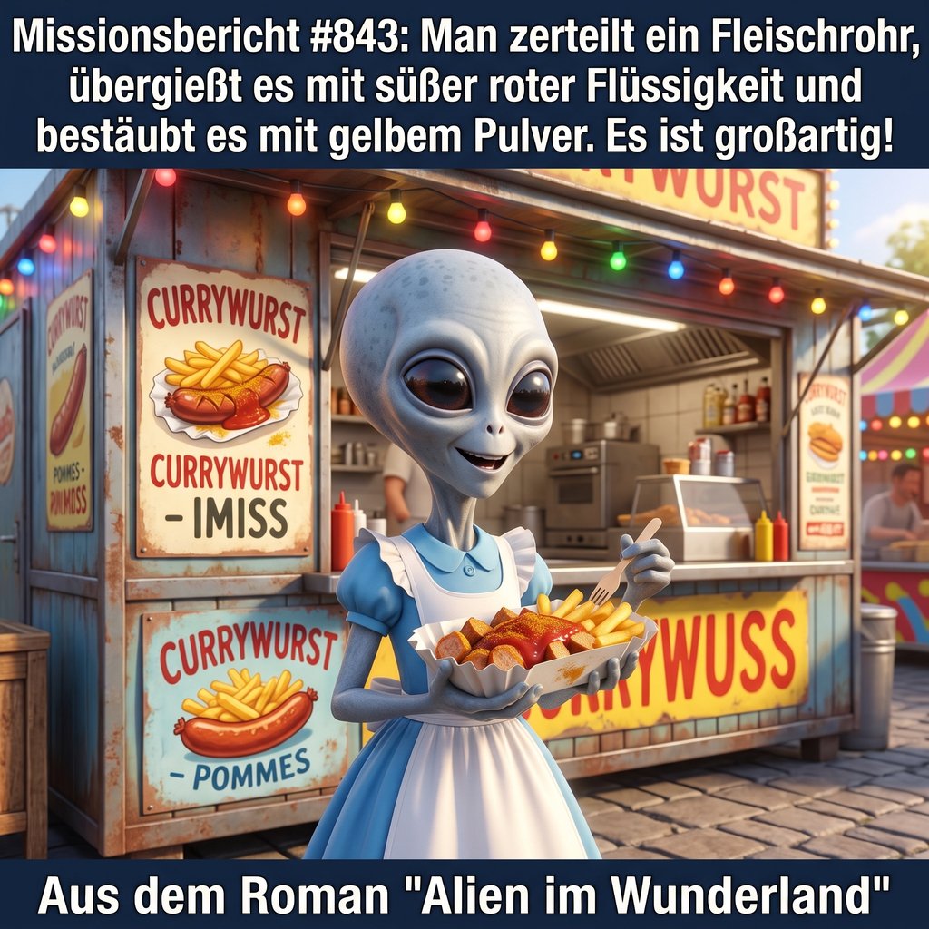 Kirk-Meme: Kirk mit einer Currywurst an einem Imbiss — Aus dem Roman Alien im Wunderland