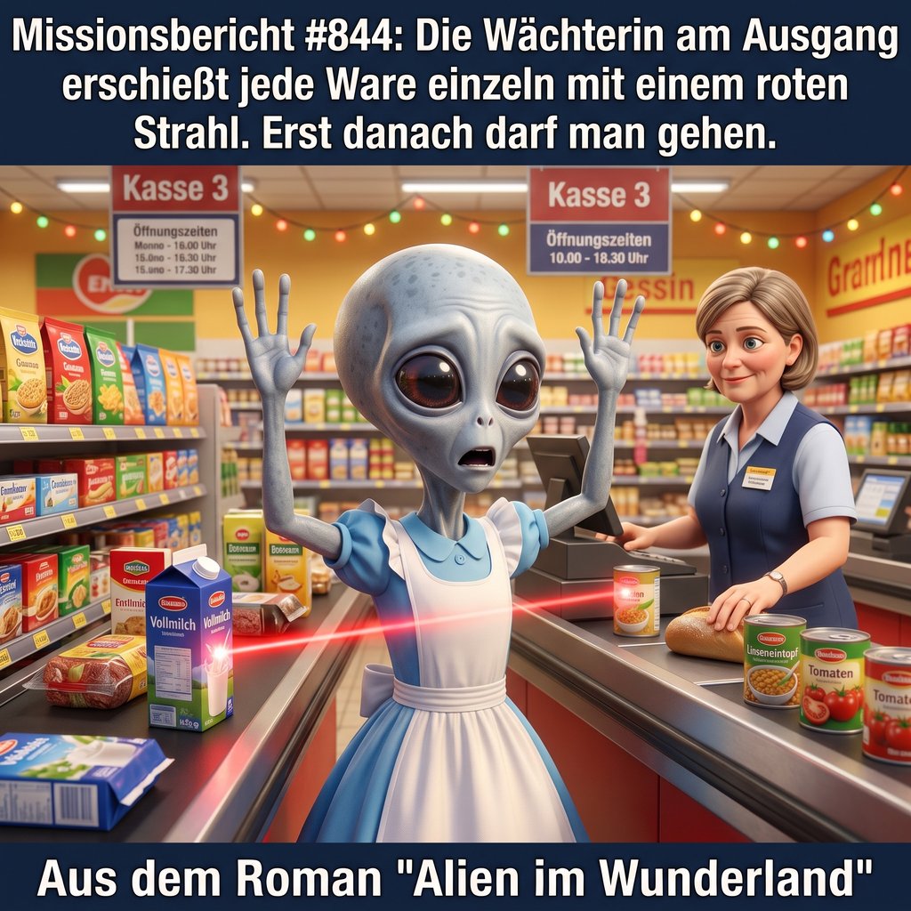 Kirk-Meme: Ein Alien hebt an der Supermarktkasse die Hände, weil jede Ware mit einem roten Strahl gescannt wird — Aus dem Roman Alien im Wunderland