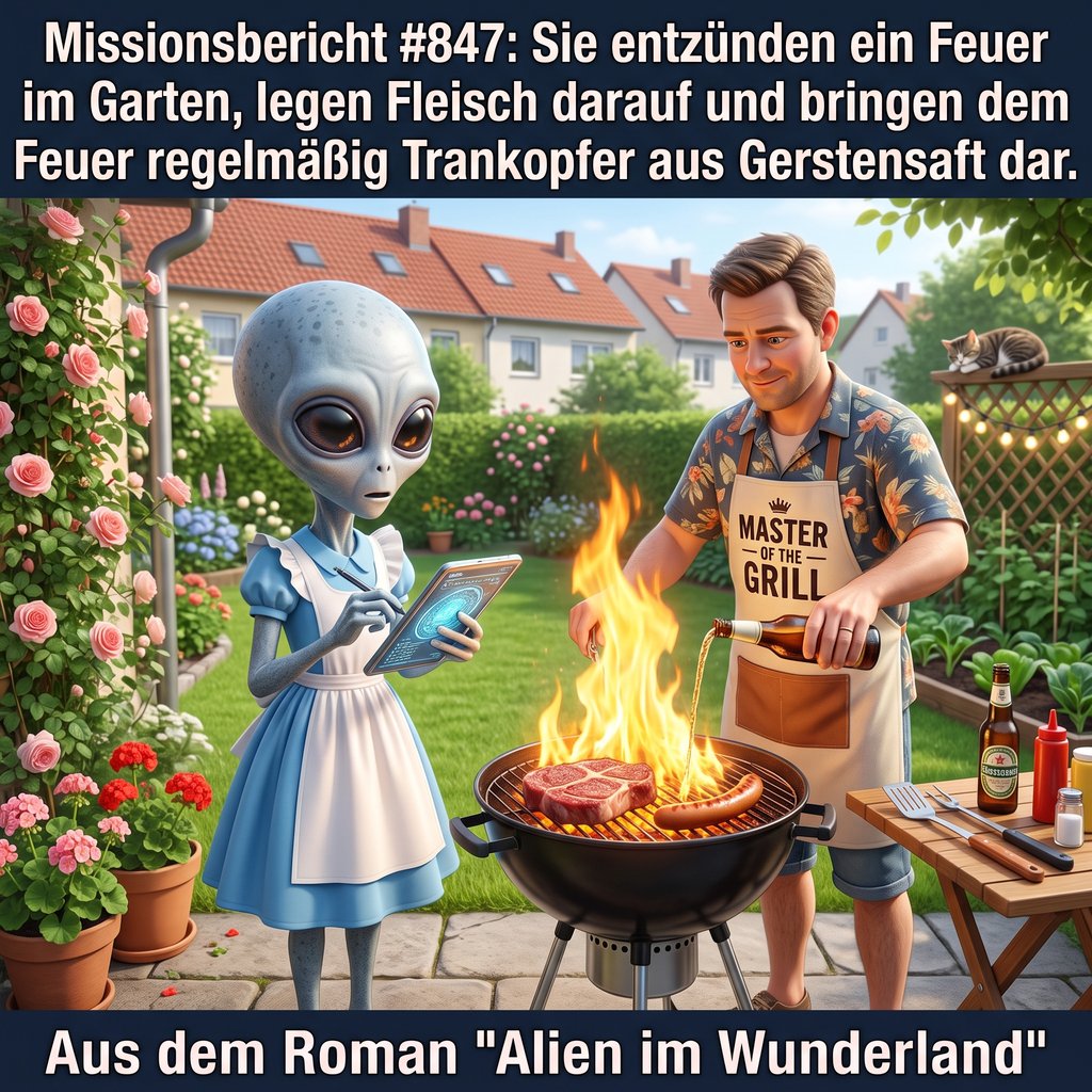 Kirk-Meme: Xy notiert im Vorgarten, wie ein Mensch im Hawaiihemd Fleisch aufs Feuer legt und Bier ins Feuer gießt &mdash; Aus dem Roman Alien im Wunderland