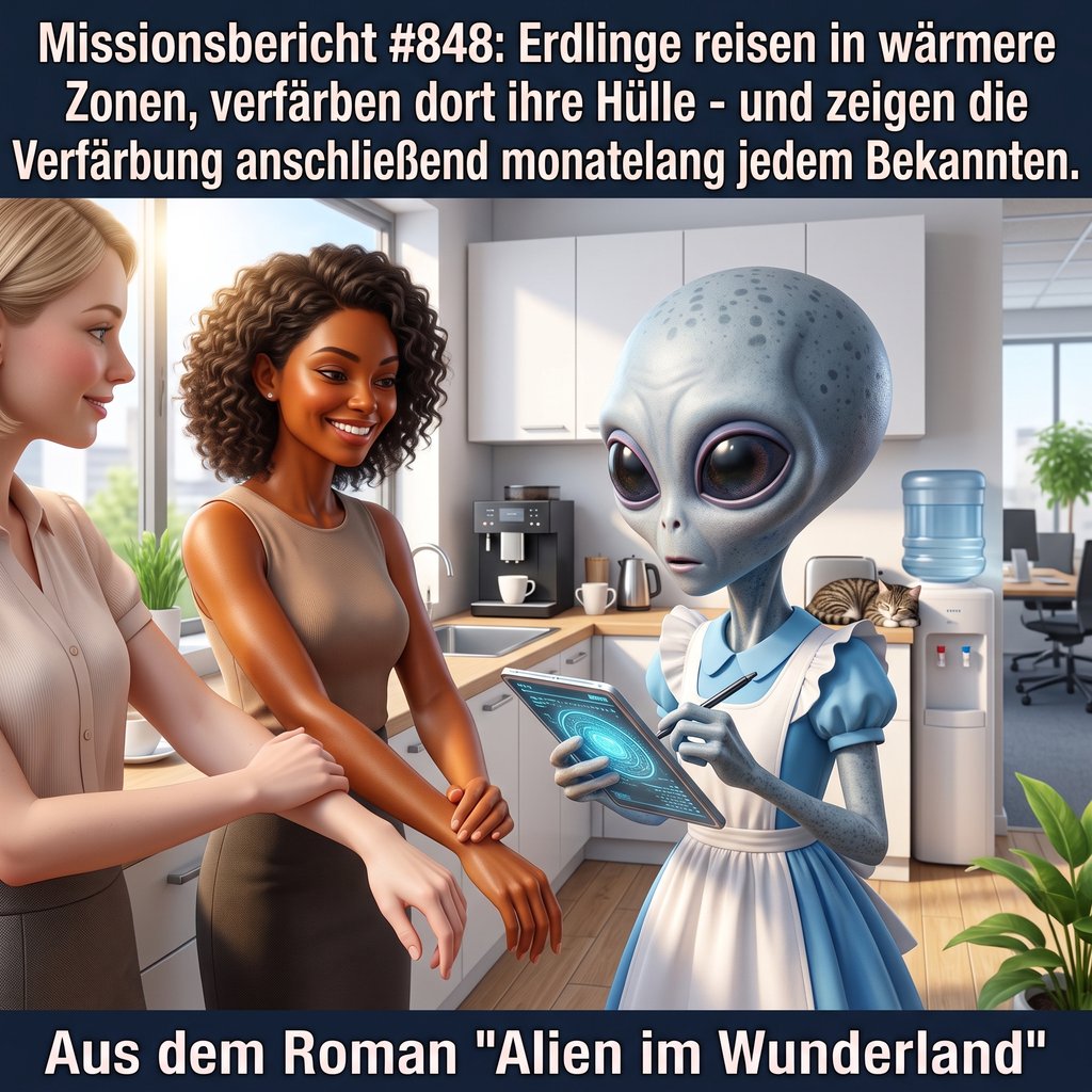 Kirk-Meme: Missionsbericht 848 — Erdlinge reisen in wärmere Zonen und verfärben dort ihre Hülle — Aus dem Roman Alien im Wunderland