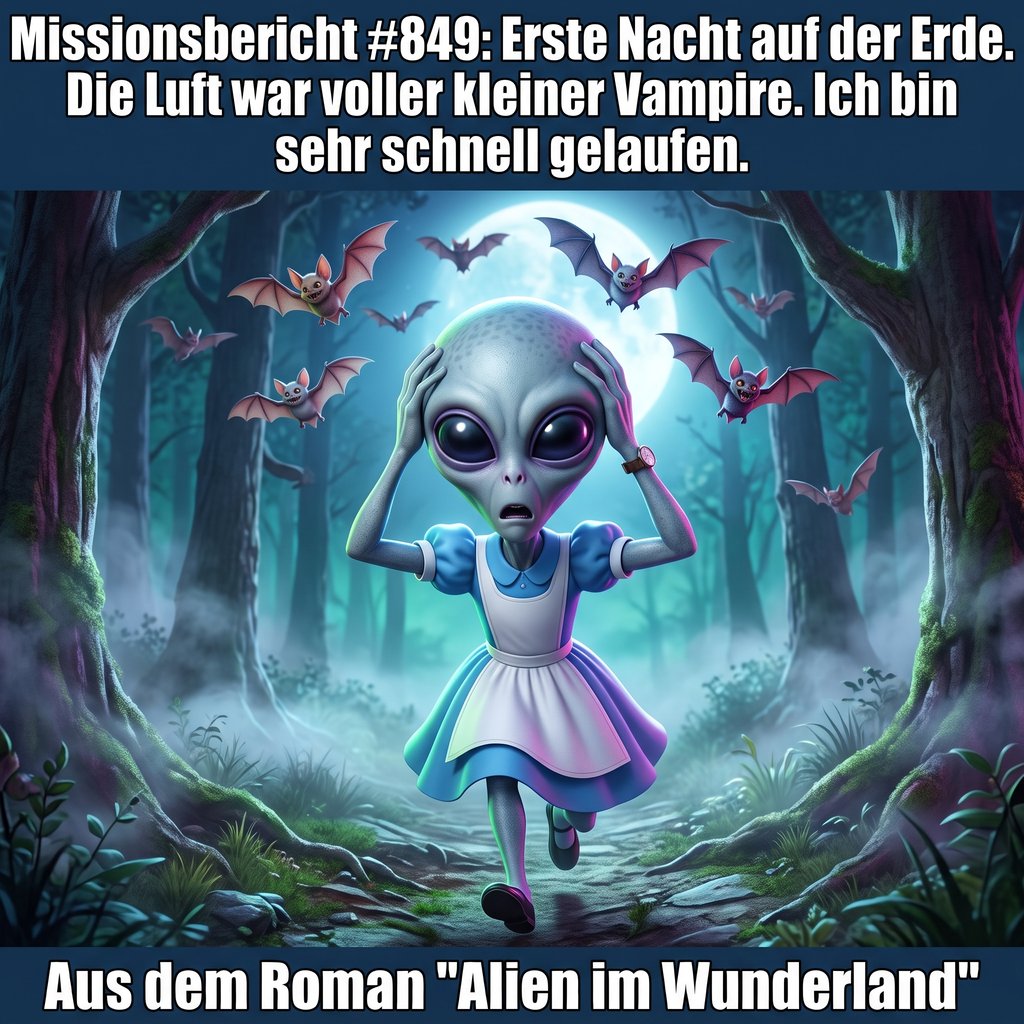 Kirk-Meme: Kirk fl&uuml;chtet in seiner ersten Nacht auf der Erde vor Flederm&auml;usen, die er f&uuml;r kleine Vampire h&auml;lt — Aus dem Roman Alien im Wunderland