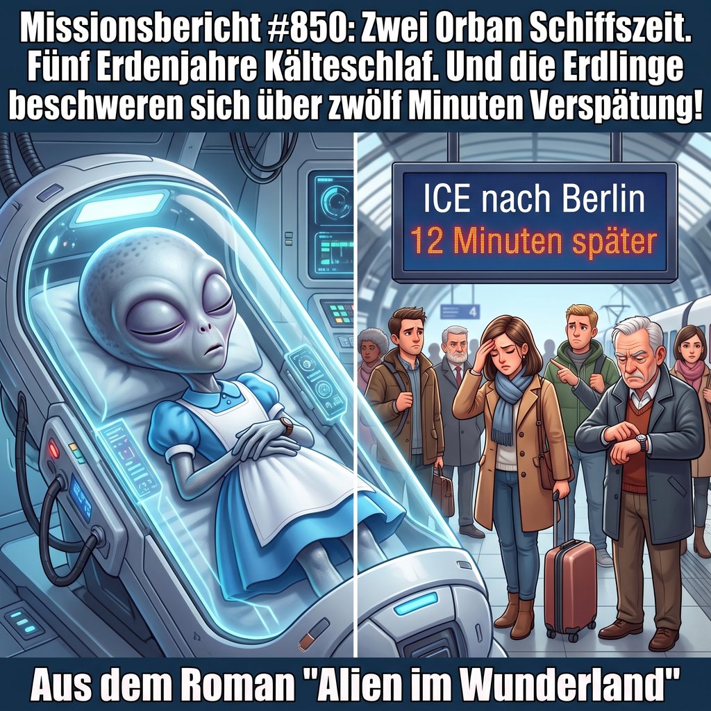 Kirk-Meme: Zwei Orban Schiffszeit, fünf Erdenjahre Kälteschlaf – und die Erdlinge beschweren sich über zwölf Minuten Verspätung — Aus dem Roman Alien im Wunderland
