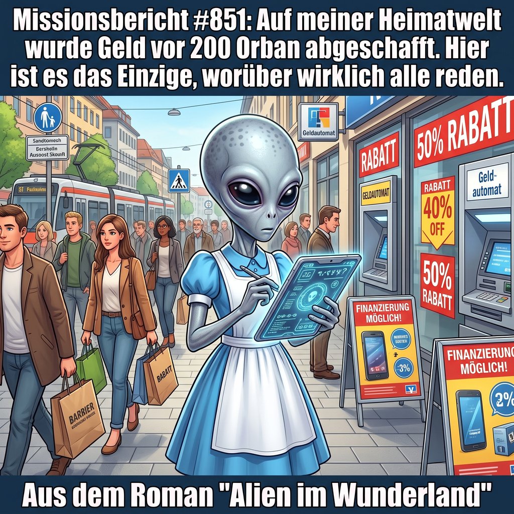 Kirk-Meme: Kirk mit Datenpad in einer Einkaufsstraße voller Rabattschilder &mdash; Aus dem Roman Alien im Wunderland