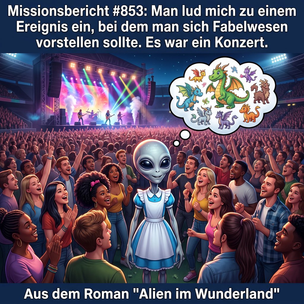 Kirk-Meme: Kirk steht mitten in einer jubelnden Konzertmenge und stellt sich Fabelwesen vor — Aus dem Roman Alien im Wunderland