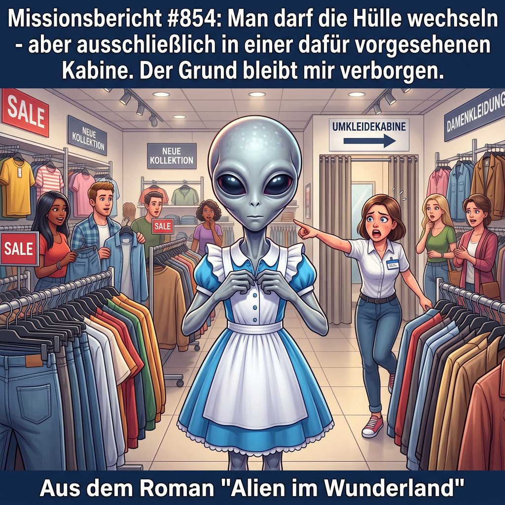 Kirk-Meme: Ein Alien in der Bekleidungsabteilung wird zur Umkleidekabine geschickt — Aus dem Roman Alien im Wunderland
