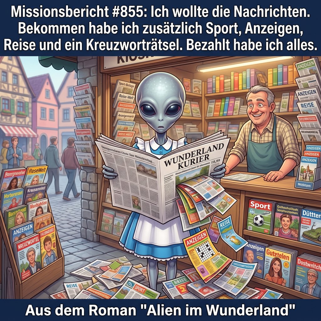 Kirk-Meme: Kirk am Kiosk mit der Wochenendausgabe – er wollte die Nachrichten und bekam zusätzlich Sport, Anzeigen, Reise und ein Kreuzworträtsel — Aus dem Roman Alien im Wunderland