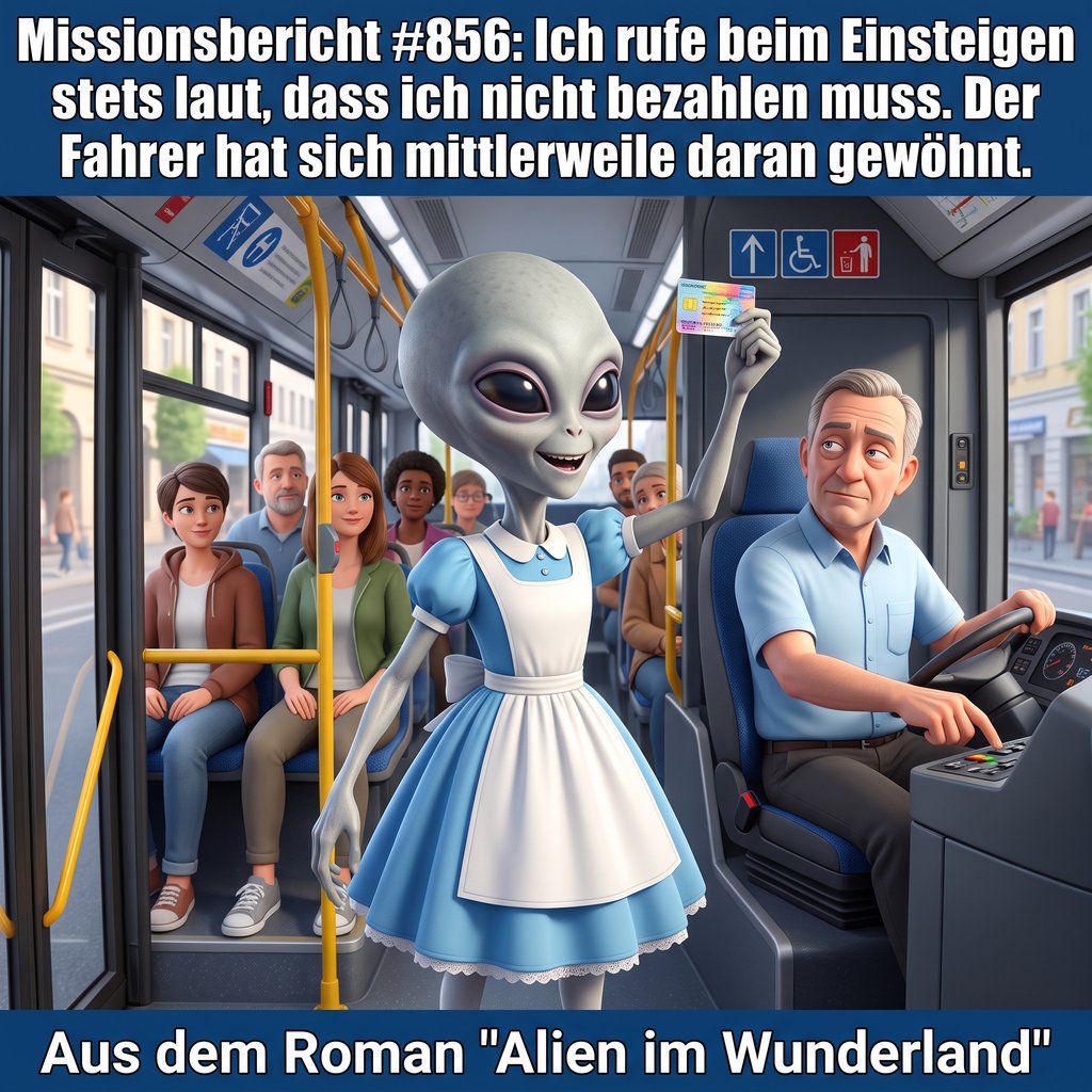 Kirk-Meme: Kirk ruft im Bus laut, dass er nicht bezahlen muss — Aus dem Roman Alien im Wunderland