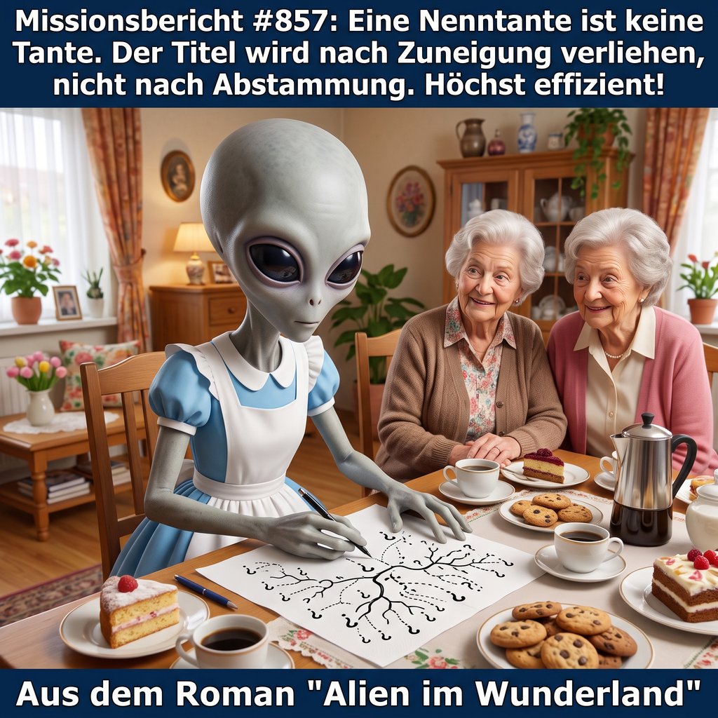 Kirk-Meme: Missionsbericht #857 – Kirk als Alien zeichnet einen Stammbaum am Kaffeetisch, zwei ältere Damen schauen lächelnd zu