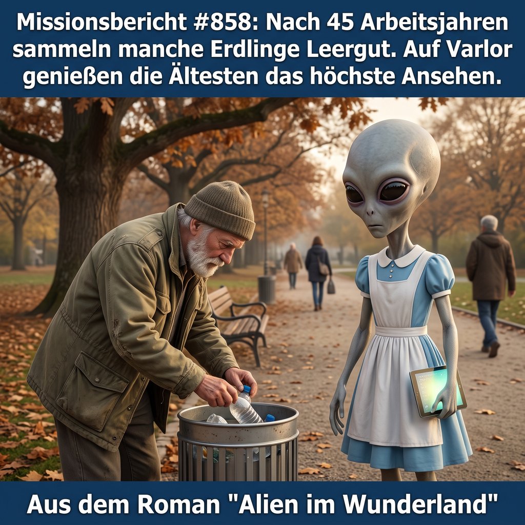 Kirk-Meme: Kirk beobachtet einen älteren Menschen beim Leergutsammeln im Park — Aus dem Roman Alien im Wunderland