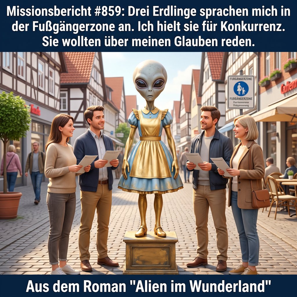 Kirk-Meme: Kirk trifft Missionare in der Fußgängerzone — Aus dem Roman Alien im Wunderland