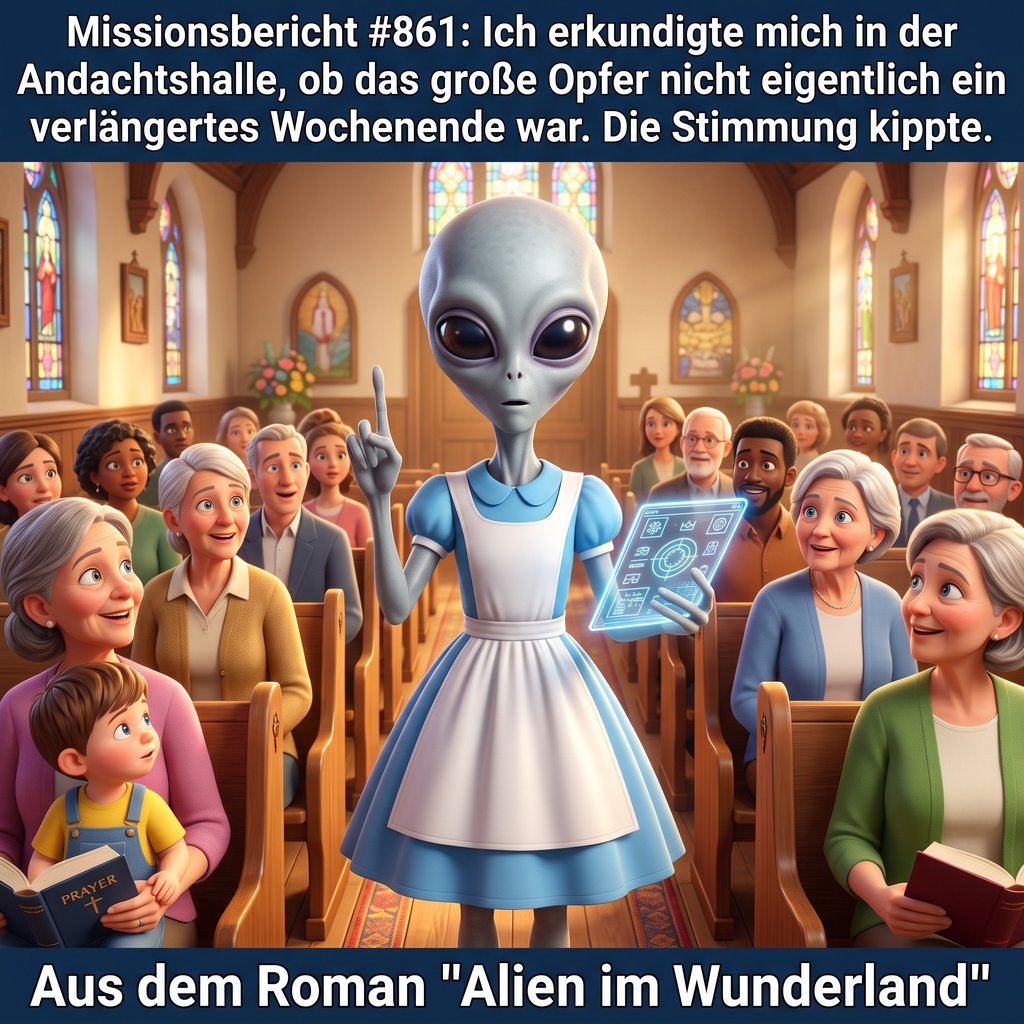 Kirk-Meme: Kirk stellt in der Andachtshalle eine unbequeme Frage — Aus dem Roman Alien im Wunderland