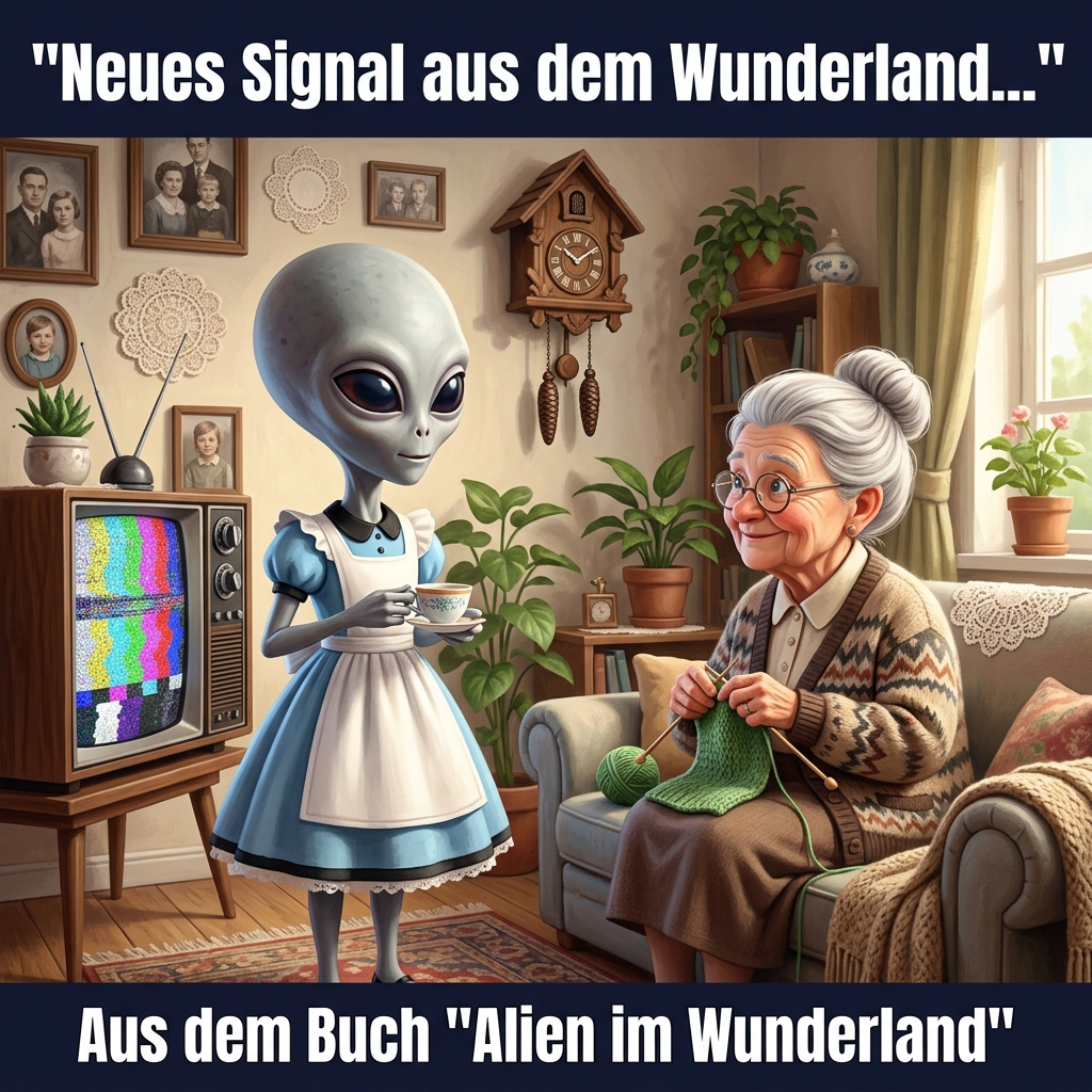Kirk-Meme: Das Alien serviert Oma Gerda Tee im Wohnzimmer — Aus dem Roman Alien im Wunderland
