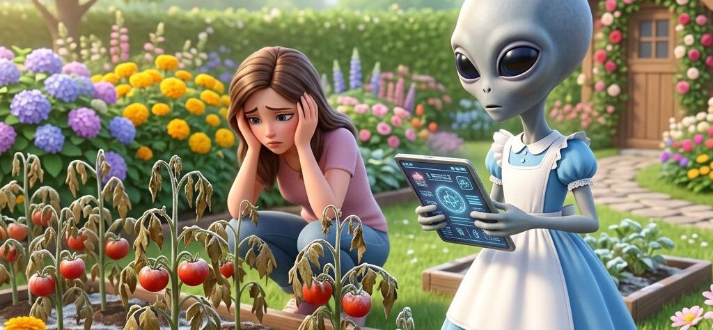 Kirk-Meme: Ein Alien im Garten neben erfrorenen Tomatenpflanzen - Missionsbericht ueber die Eisheiligen - Aus dem Roman Alien im Wunderland
